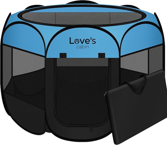 Love's cabin Pet Puppy Dog Playpen, Large Dog Tent Crates Cage Indoor/Outdoor, Portable Playpen for Cat, Foldable Pop Up Dog Kennel Playpen with Carring Case, Removable Zipper Top, Blue