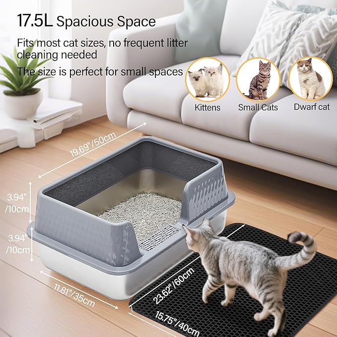 Stainless Steel Litter Box with Lid Cover Mats Scooper, Kitten Litter Box Low Entry, Suitable for Small Space Senior Cats, Side Entry, Grey Enclosure