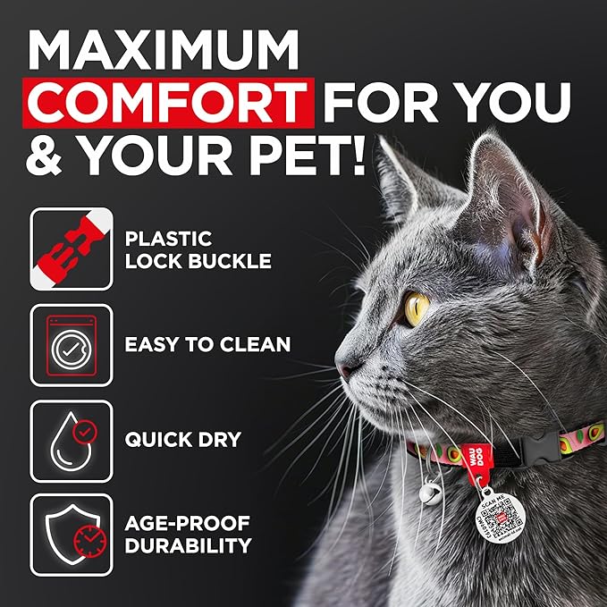 WAUDOG Nylon Cat Collar with Removable Bell and QR ID Tag for Small, Medium and Large Breeds Adjustable Long Lasting Durable Kitten Collars Boy & Girl
