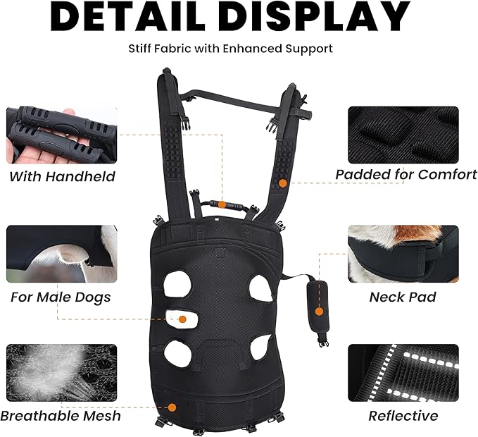 Dog Lift Harness Backpack Carrier for Large Dogs, Full Body Sling with Handle, Dog Harness for Joint Injuries, Arthritis, Ideal for Stairs, Elderly Dogs (Black S/M-Large 14-20 LBS)