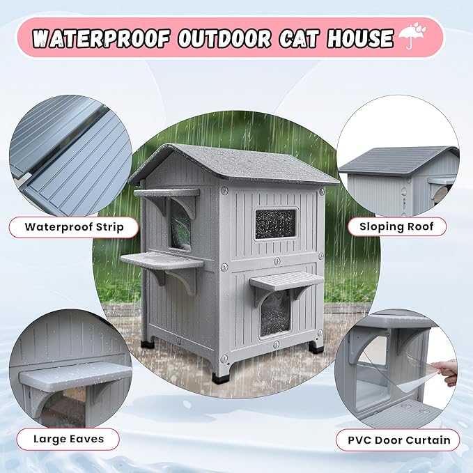 Plastic Outdoor Cat House with Escape Door, Waterproof 2 Story Outdoor Houses for Feral Cats Outside Cat Shelter, Spacious, Clean and Assemble Easily