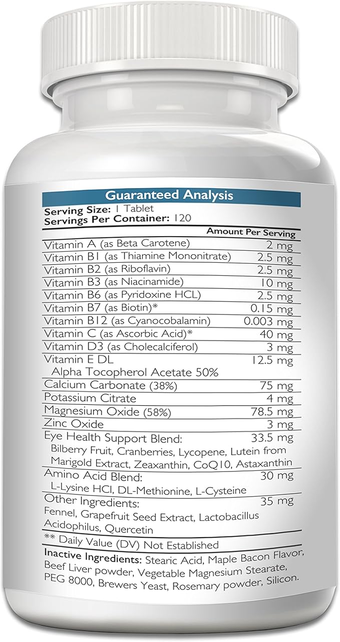 Eye Care for Dogs Daily Vision Supplement with Lutein, Zeaxanthin, Astaxanthin, CoQ10, Bilberry Antioxidants, Vitamin C, Vitamin E Support for Dog Eye Problems, 120 Chewable Tablets