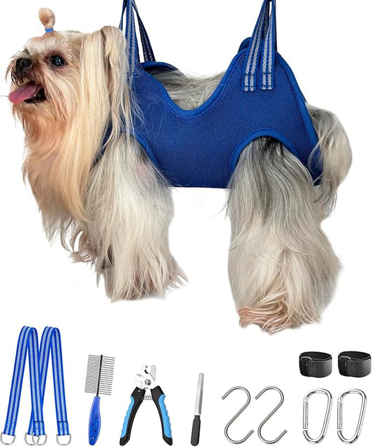 10 in 1 Dog Grooming Hammock Harness with Nail Clippers, Nail Trimming Hammock for Pet, Grooming Sling Hanger Holder Restaint for Nail Trimming/Clipping (XXS/Under 10lb Blue)