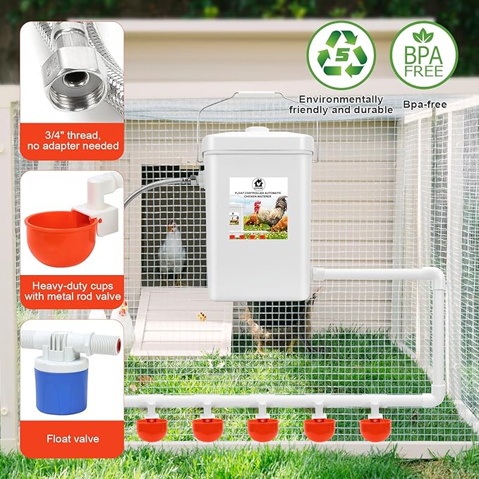 Automatic Chicken Waterer Float Controlled, 3 Gallons Poultry Waterer Dispenser with Hose Attachment, Poultry Automatic Drinking Accessories for Chicks, Duck, Goose, Turkey