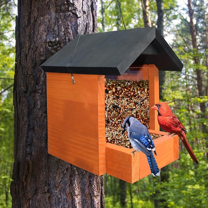 Hanging Wooden Platform Bird Feeder – Outdoor Tray Bird House Feeder for Cardinals and Wild Birds – Flat Platform Feeders for Backyard and Garden Use (Orange)