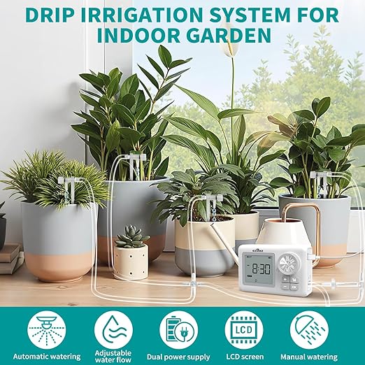 Automatic Watering System for 15 Potted Plants, Automatic Drip Irrigation Kit with Adjustable Water Flow, Programmable Water Timer with Dual Power Supply, for Balcony/Garden/Greenhouse Plants