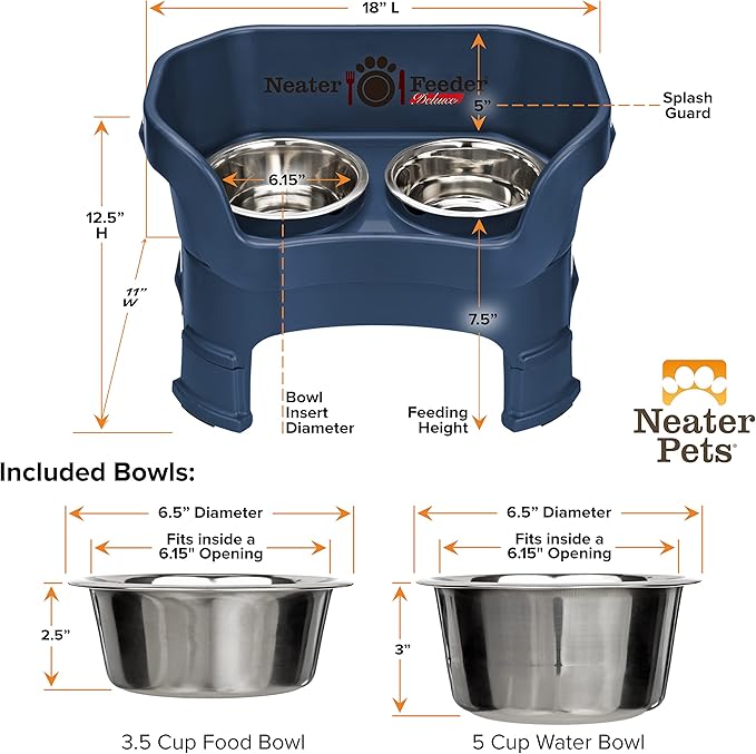 Neater Feeder Deluxe Mess Proof Dog Bowls Elevated Medium Sized Dogs (19-40 lbs) Made in USA, No Spill Raised Dog Food Bowl Stand w/Leg Extension, Stainless Steel Food and Water Bowl Set, Dark Blue