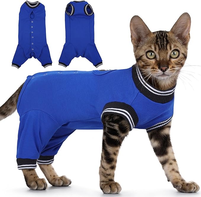 PUMYPOREITY Cat Recovery Suit for Hind Legs, Cat Surgical Spay Suit with Leg Sleeves to Stop Licking, Long Rear Sleeve Wound Cover Abdomen Kitten Onesie, Blue, S
