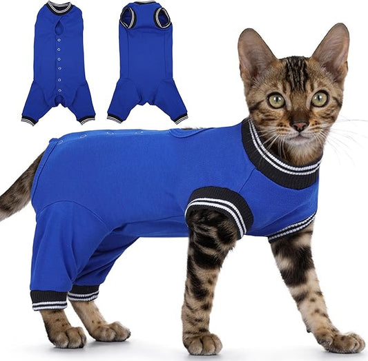 PUMYPOREITY Cat Recovery Suit for Hind Legs, Cat Surgical Spay Suit with Leg Sleeves to Stop Licking, Long Rear Sleeve Wound Cover Abdomen Kitten Onesie, Blue, L
