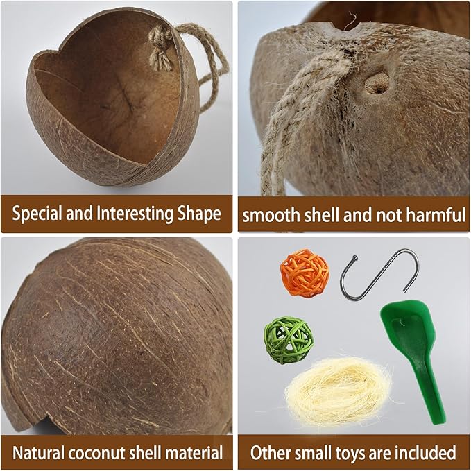 kathson Natural Coconut Shell Bird Nest,Hanging Coconut for Birds Parakeet Coconut Hut Coco Shell Bird House Cage Accessories Decoration for Parrots Lovebird Parakeets Finch Canary