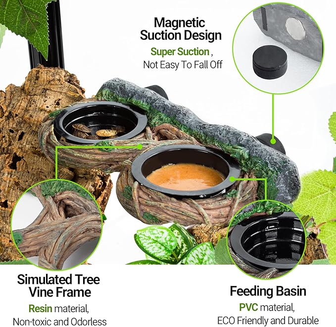 REPTI ZOO Magnetic Reptile Feeder Ledge, Gecko Feeder with 4 Cups, Hollow Vine Food Dish, Water Bowl for Lizard & Snake, Terrarium Accessories
