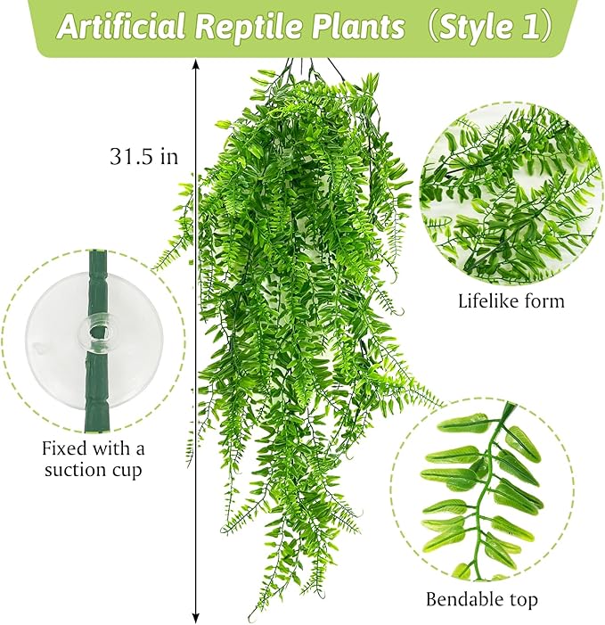 VCEPJH 4 Pcs Reptile Plants, Climbing Wood Branch Terrarium Hanging Fake Plant Leaves Bearded Dragon Tank Accessories, Habitat Decor for Snake Leopard Gecko Lizard Chameleon (Style 3)