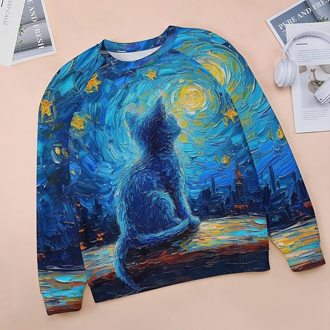 Long Sleeve Shirts for Women Cat Oil Painting Shirt 3D Graphic Sweatshirts Fall Pullover Crewneck Vintage Boho Tops
