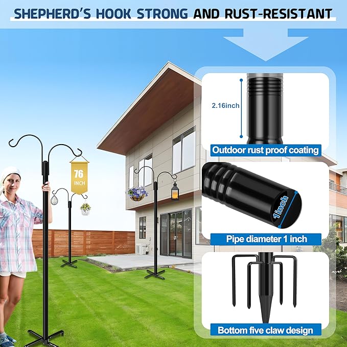Ottsuls Bird Feeder Pole, 2 Pack 76 INCH Double Shepherds Hooks for Outdoor, Garden Pole with 5 Base Prongs Heavy Duty Planter Hooks for Hanging Plant Baskets, Lantern, Hummingbird Feeder