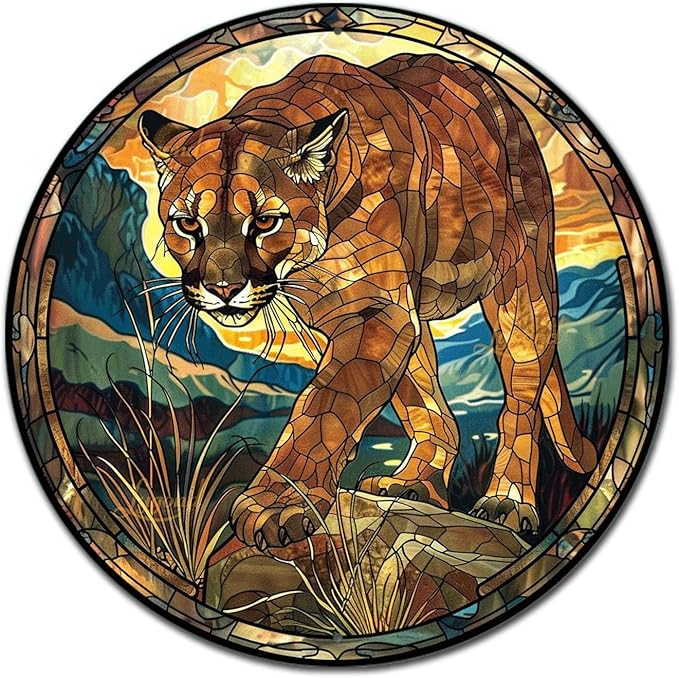 Lygond Metal Sign Tin Sign Circular Stained Glass Mountain Lion Gardening Sign for Garden 8×8 Inches