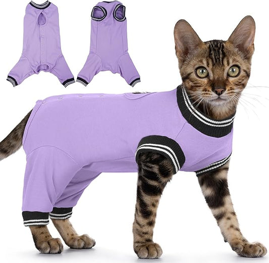 PUMYPOREITY Cat Recovery Suit for Hind Legs, Cat Surgical Spay Suit with Leg Sleeves to Stop Licking, Long Rear Sleeve Wound Cover Abdomen Kitten Onesie, Purple, S