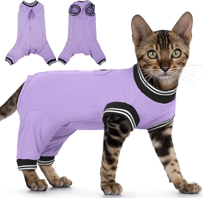 PUMYPOREITY Cat Recovery Suit for Hind Legs, Cat Surgical Spay Suit with Leg Sleeves to Stop Licking, Long Rear Sleeve Wound Cover Abdomen Kitten Onesie, Purple, L
