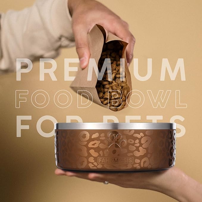 32 Oz Dog Bowl with Slow Feeder Insert Stainless Steel Pet Water Bowl for Medium & Large Breed Non Slip Rubber Base & Plastic Puzzle Feeder - Gold Leopard