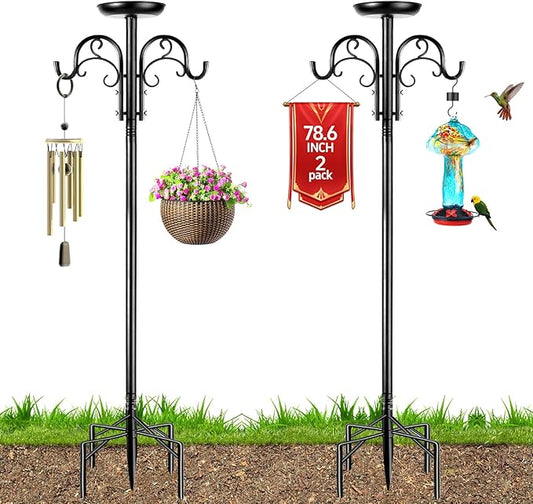 Double Shepherds Hooks for Outdoor Heavy Duty, Adjustable Shepherds Hook, 2 Pack 77 inch with 5 Prongs Base, Garden Hooks for Hanging Bird Feeders, Hanging Plants, Solar Light Lantern