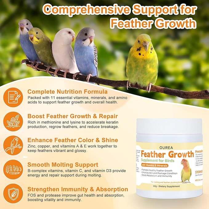 Feather Growth Supplement for Birds Parrots, Multi-Vitamins & Minerals Powder with Biotin Amino Acid for Molting Plucking, Support Healthy Feather Regrowth Plumage Shine Immunity for All-Natural Bird