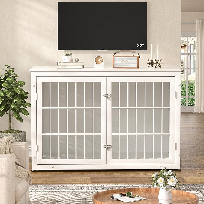 48" Heavy Duty Dog Crate Furniture for Large Dogs, Metal Cage for High Anxiety Dogs, Wooden Kennel Furniture Indoor, Decorative Dog Kennel End Table, XL,White