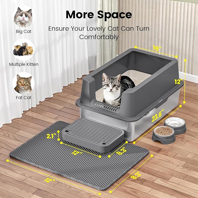 Stainless Steel Cat Litter Box - Enclosed XL Metal Kitty Litter Box with Lid for Big Cats, High Sided, Anti-Leakage, Easy Cleaning, Non-Sticky, Included Litter Mat, Cat Bowl & Spoon