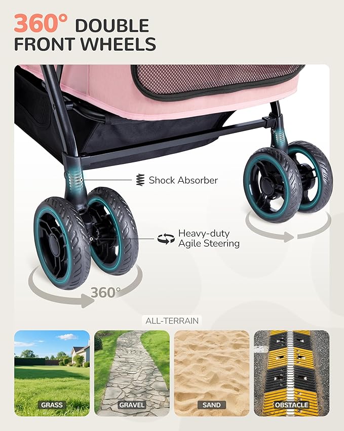 Dog Stroller for Large & Medium Dogs (20–132 lbs), Pet Stroller for 2 Small Dogs, Extra Large Heavy Duty, Foldable & Ventilated, Pink or Navy