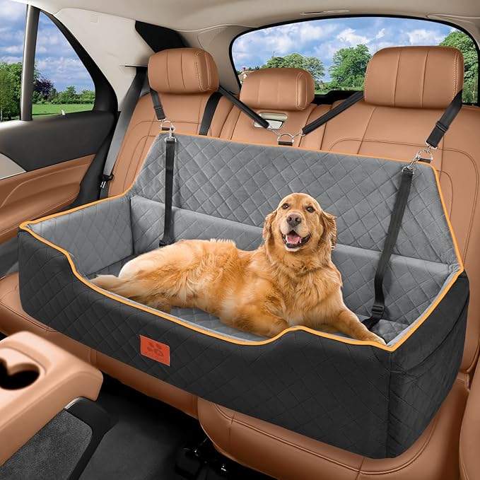 Dog Car Bed Booster, Comfortable Travel Seat for Large/Medium Dogs, Fully Detachable & Washable with Thick Cushion (Black&Gray)