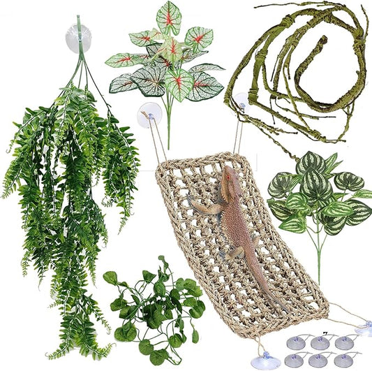 Reptile Plants for Bearded Dragon Tank Accessories, Terrarium Plant Artificial Decor for Snake Cage, Fake Plant for Leopard Gecko Habitat, Lizard Chameleon Ball Pythons (Group BPN)