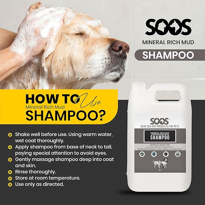 Soos pet Shampoo Mineral Rich Mud Cat and Dog Shampoo Natural Dead Sea Minerals Fast Absorbing - 1x Bottle (4L)