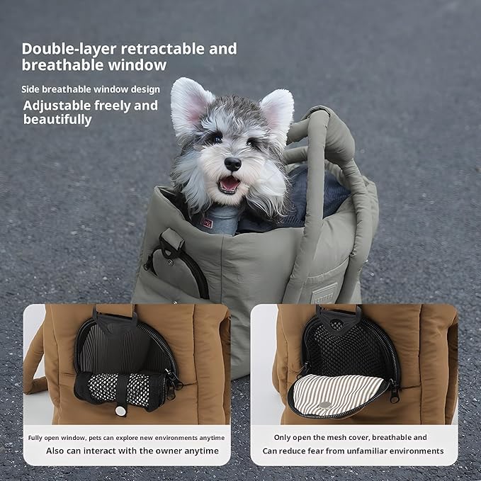 Dog Walking Bag Sling, Dog Carrier Purse with Safety Leash Clip,Warm Soft Sided Pet Carrier Purse for Small Medium Dogs Cats Portable Hands-Free Shoulder Tote for Outdoor Travel (Light Khaki)