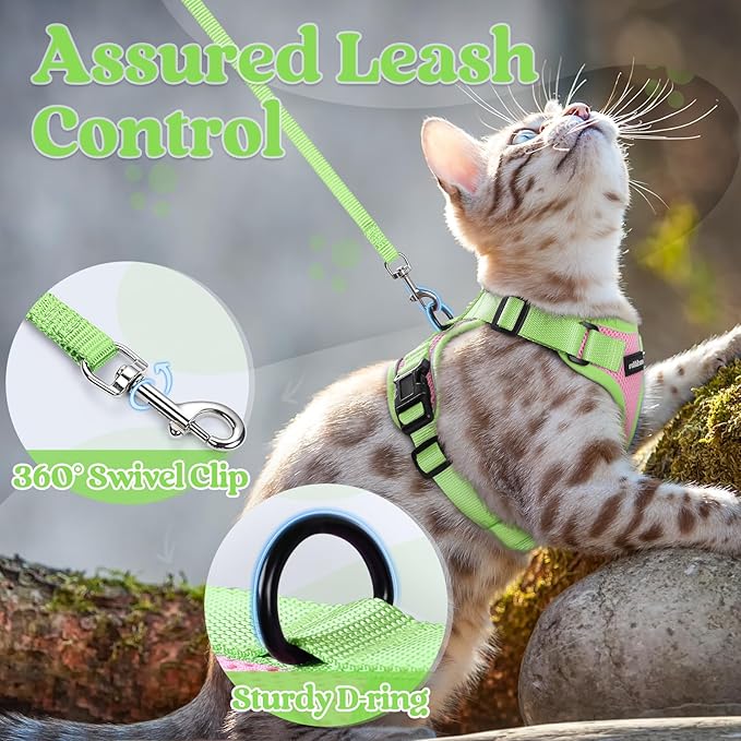 rabbitgoo Cat Harness and Leash Set, Escape Proof Soft Adjustable Vest Harnesses for Outdoor Walking, Easy Control Breathable Kitten Jacket with Reflective Strips, Pink & Light Green, M