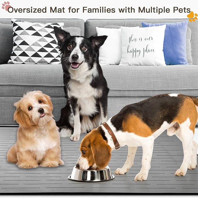 Largest Dog Food Mat, 39.5"x29.5" Silicone Dog and Cat Mat for Food and Water Bowls, Thinken Waterproof Non-Slip XXXL Pet Feeding Mat for Floors (Grayish Blue)