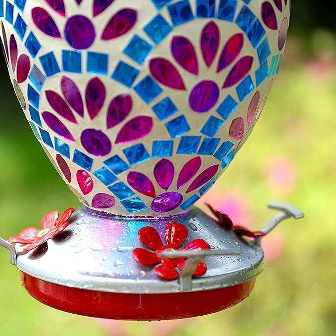 VOREEN Glass Mosaic Hummingbird Feeders, 34OZ with Ant Moat & 4 Feeding Ports, Hand Blown Glass Outdoor Hanging Bird Feeder, Porch Garden Backyard Decor, Gift for Mom Wife Friend, Purple Flower Design