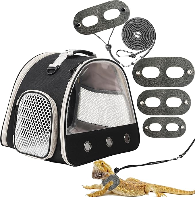 Leopard Gecko Portable Carrier with Leather Harness and Leash Set,Small Animal Travel Cage with Transparent Window,Lizard Carrier for Hamster Rabbit Gerbil Hedgehog Sugar Glider