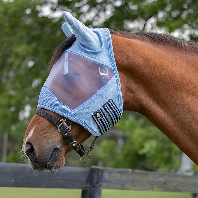 Equinavia Algard Soft Mesh Horse Fly Mask with Ear Protection and 45 UPF Rating | No Eye Irritation & UV Protection - Light Blue - Warmblood