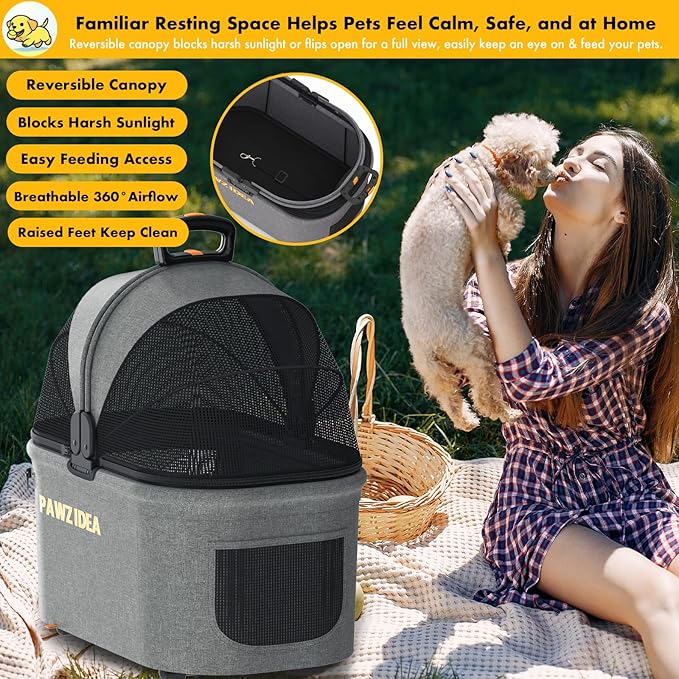 PAWZIDEA Pet Stroller 4 in 1, Dog Strollers with Detachable Carrier No-Zip Canopy, Portable Pet Crate for Car Seat Travel, Foldable & Lightweight Jogger for Small/Medium Dogs and Cats, Storage Basket