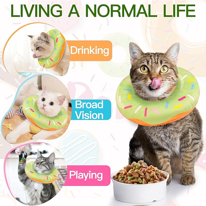 Cat Cone Collar Soft, Cute Cat Donut Collar After Surgery, Adjustable Kitten Recovery Cones to Stop Licking, Lightweight Neck Elizabethan Collars for Cats Kittens (Green, Large)