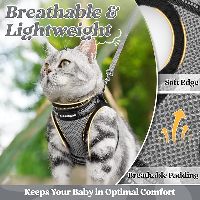 rabbitgoo Cat Harness and Leash Set for Walking Escape Proof, Adjustable Soft Kittens Vest with Reflective Strip for Cats, Comfortable Outdoor Vest, Grey, S
