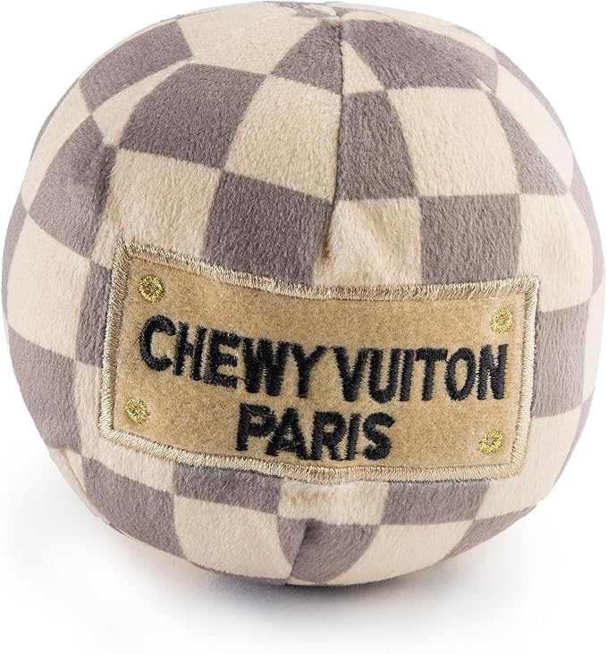 Haute Diggity Dog Checker Chewy Vuiton Ball, Plush Designer Dog Toys with Interactive Squeaker, Stimulating Pet Enrichment, Machine-Washable & Safe Materials for All Breeds, Size Medium