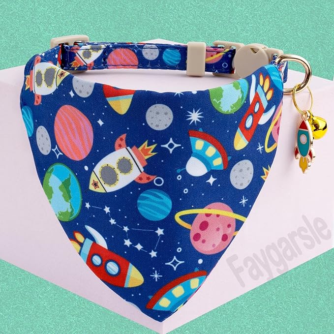 Faygarsle 2 Pack Space Theme Cat Collar Set with Bandana and Bow Tie, Breakaway Safety Buckle, Navy Blue with Rockets