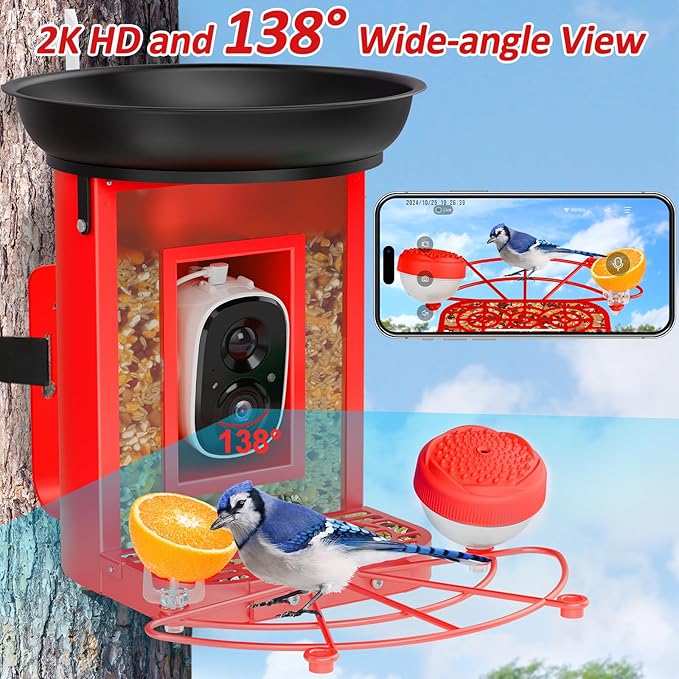 Bird Feeder with Camera, 2K Birds Camera with 3-in-1 Feeding, Drinking, and Bathing | AI Identify, Real-Time Monitoring and Alerts | IP65 and Squirrel-Proof for Outdoors, Gift for Bird Lovers