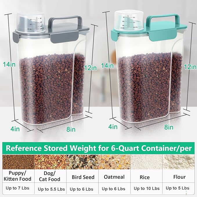TBMax Pet Dog Cat Food Storage Containers 2 Pack 10 to 14 Lbs, Airtight Cat Food Dispenser with Large Spout & Portable Handle, Travel Dog Treat Storage Bin Bird Seed Container-Cyan+Dark