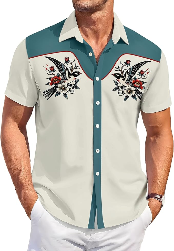 Men’s Hawaiian Shirt Western Cowboy Symmetrical Print Short Sleeve Button Down Casual Beach Holiday Summer Shirt