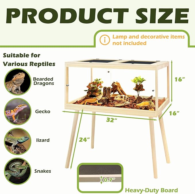 PROLEE Bearded Dragon Tank with Leg,Tempered Glass Lizard Tanks and Reptile Enclosure,Up to 78 Gallon Reptile Tank with Metal Mesh and Lockable Door for Snakes,Chameleon (Oak, 31Gallons,32inch)