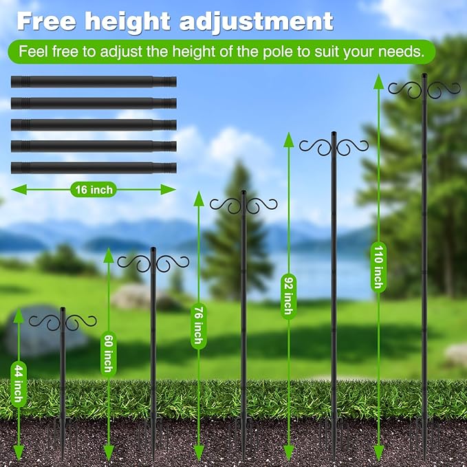 Double Shepherds Hooks for Outdoor,1 Pack 110 Inch Bird Feeder Pole With 5 Prongs Base,Heavy Duty Shepherds Hook,Suitable For Garden in Hanging Flower Basket,Lantern,Bird Nests(1 Pack 110 inch)