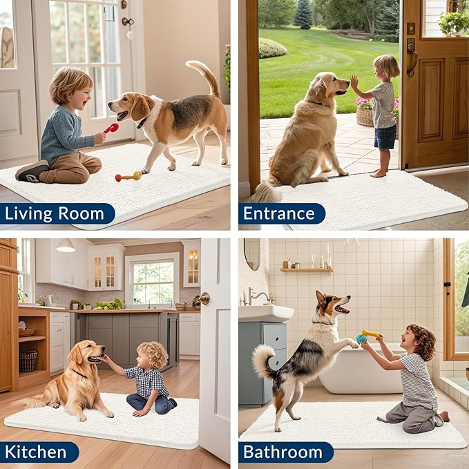 Smiry Dog Door Mat for Muddy Paws 36x24, Absorbs Moisture and Dirt Doormat, Non-Slip Washable Quick Dry Chenille Front Door Mat Indoor Entrance, Entryway Carpet for Inside Floor, Ivory