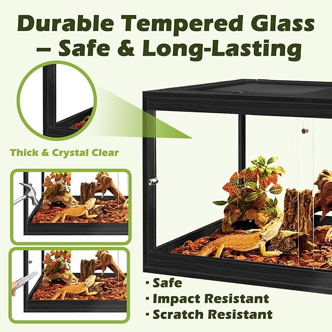Prolee Tempered Glass Bearded Dragon Tank 28 Gallon,Reptile Encloure and Snake Tank with Metal Mesh Roof Door,Locking Design Reptile Tank for Lizard,Gecko,Chameleon (Black, 63 Gallon (40x20x20 Inch))