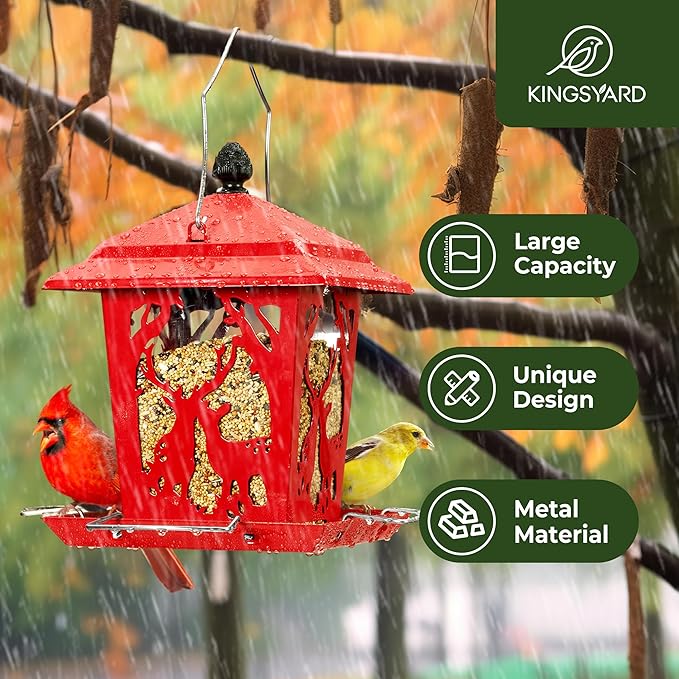 Kingsyard Metal Bird Feeder for Outdoor Hanging - Unique Design Wild Bird Hopper Feeder with 4 Perches and Rainproof Roof, Red
