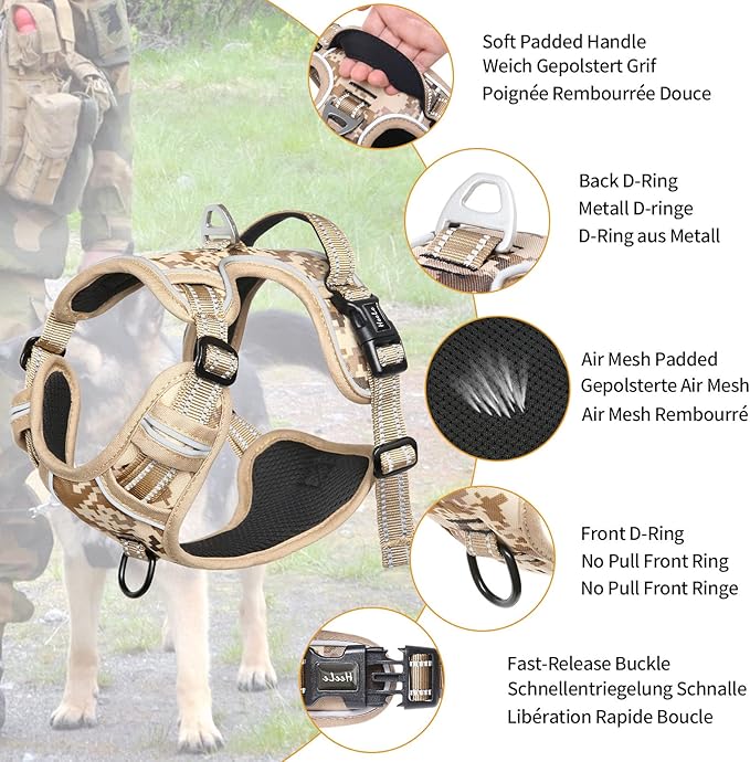 HEELE Dog Harness, No Pull Adjustable Padded Reflective Harness for Small Medium Large Dogs with Handle for Walking Training,Camo Tan, L